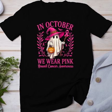 Breast Cancer Halloween in October We Wear Pink Ghost Witch T-Shirt
