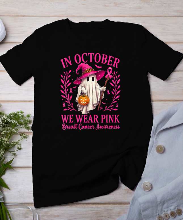 Breast Cancer Halloween in October We Wear Pink Ghost Witch T-Shirt