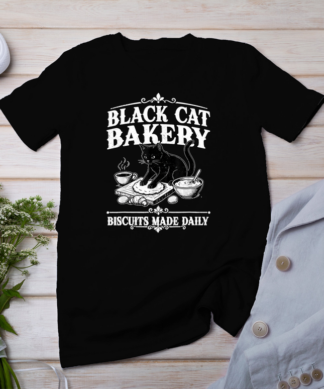 Black Cat Bakery Biscuits Made Daily Cat Lover Graphic T-Shirt