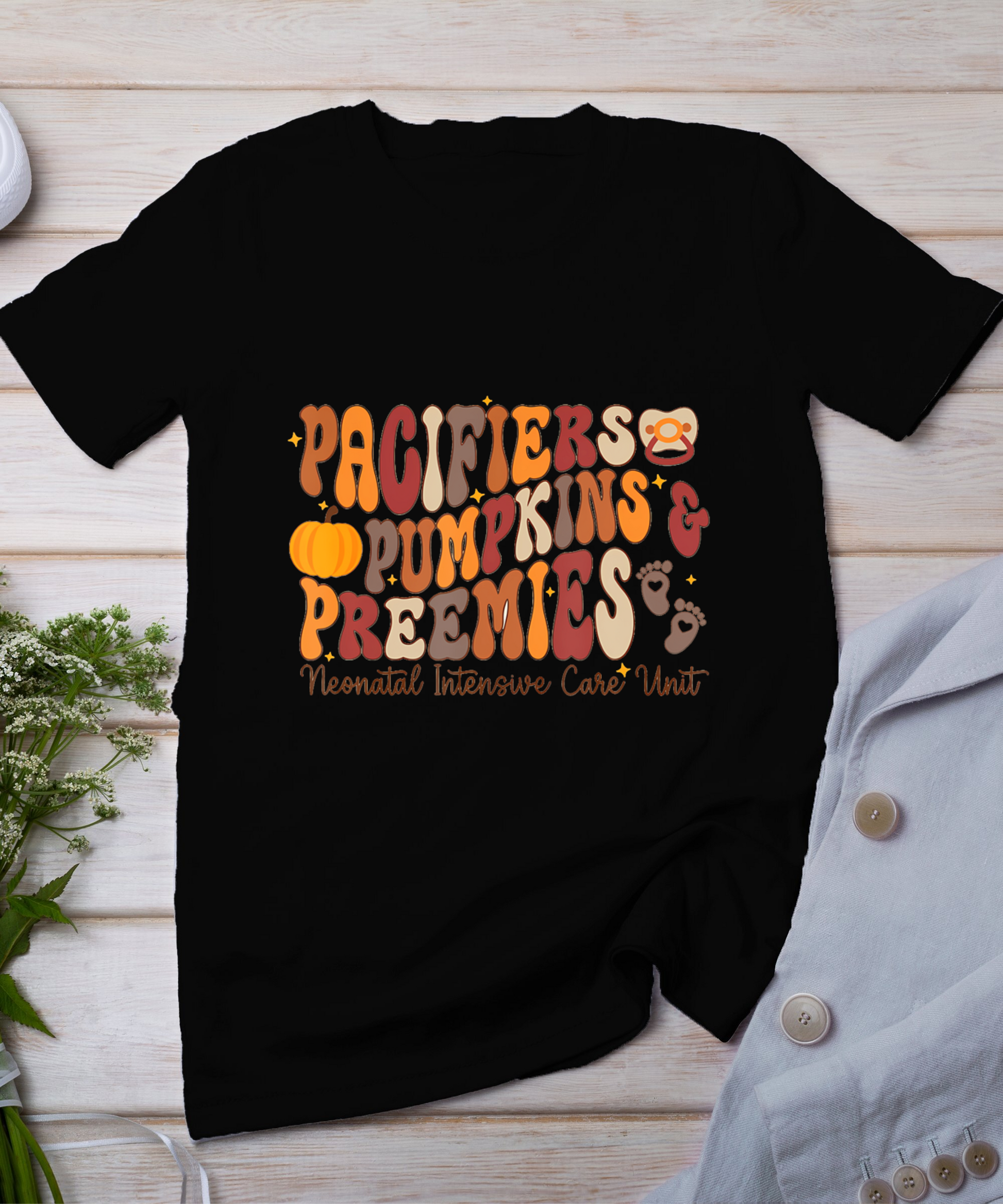 Retro Pacifiers Pumpkins Preemies Thanksgiving Nicu Nurse T-Shirt