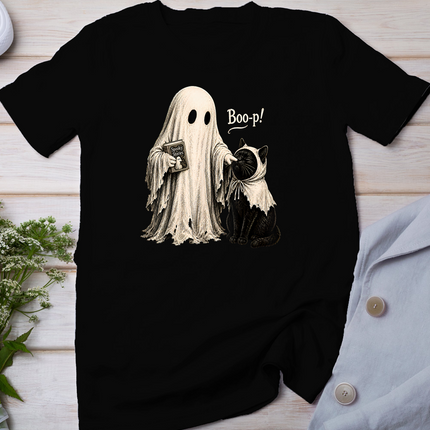 Vintage Halloween Spooky Ghost with Black Cat and Book T-Shirt