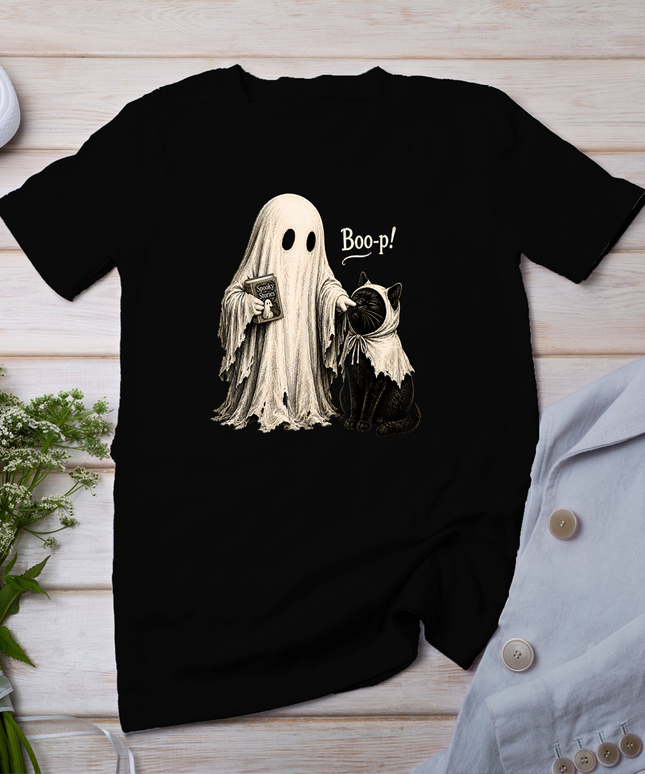 Vintage Halloween Spooky Ghost with Black Cat and Book T-Shirt