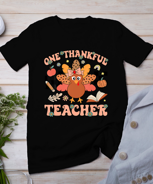 One Thankful Teacher Thanksgiving Retro Groovy Fall Teachers T-Shirt