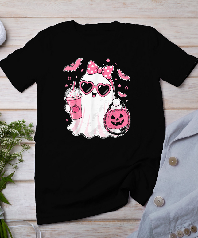 Pink Halloween Ghost Pumpkin Coffee Spooky Women Girls T-Shirt