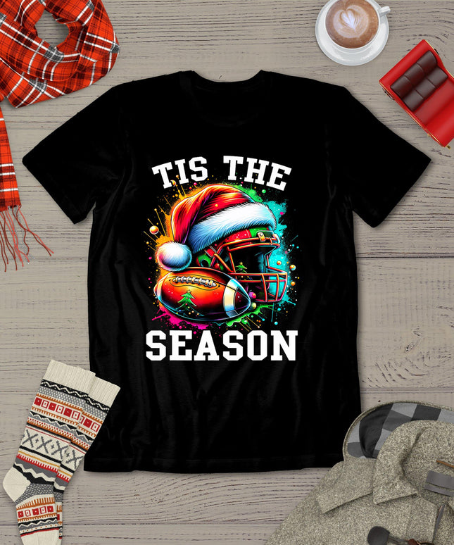 Tis The Season Football Mom Christmas Santa Hat Colorful T-Shirt