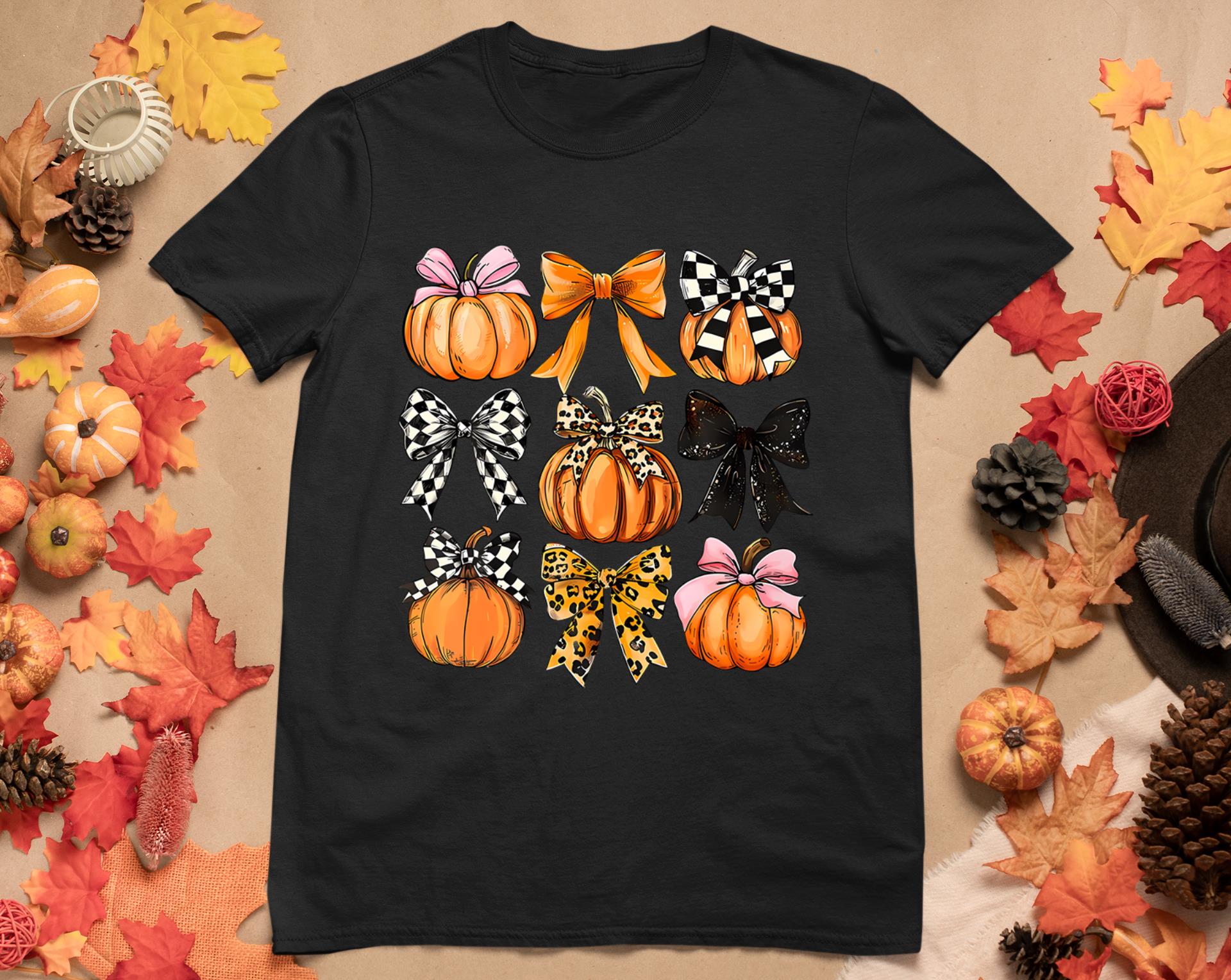 Cute Coquette Bows Pumpkin Season Halloween Autumn Fall T-Shirt