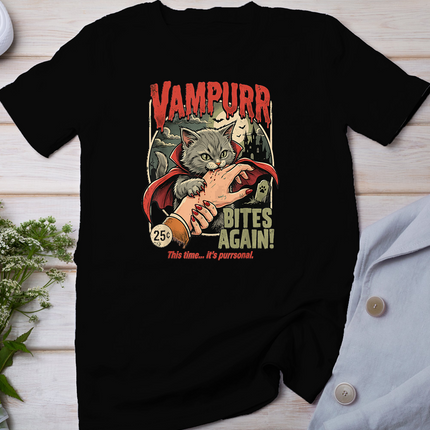 Vampurr Bites Again! Funny Cat Halloween Vintage Graphic T-Shirt