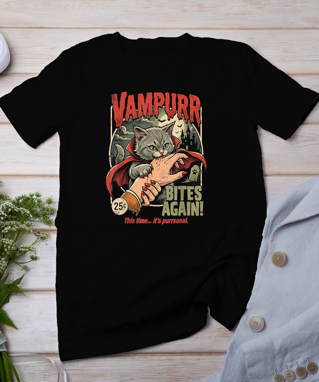 Vampurr Bites Again! Funny Cat Halloween Vintage Graphic T-Shirt
