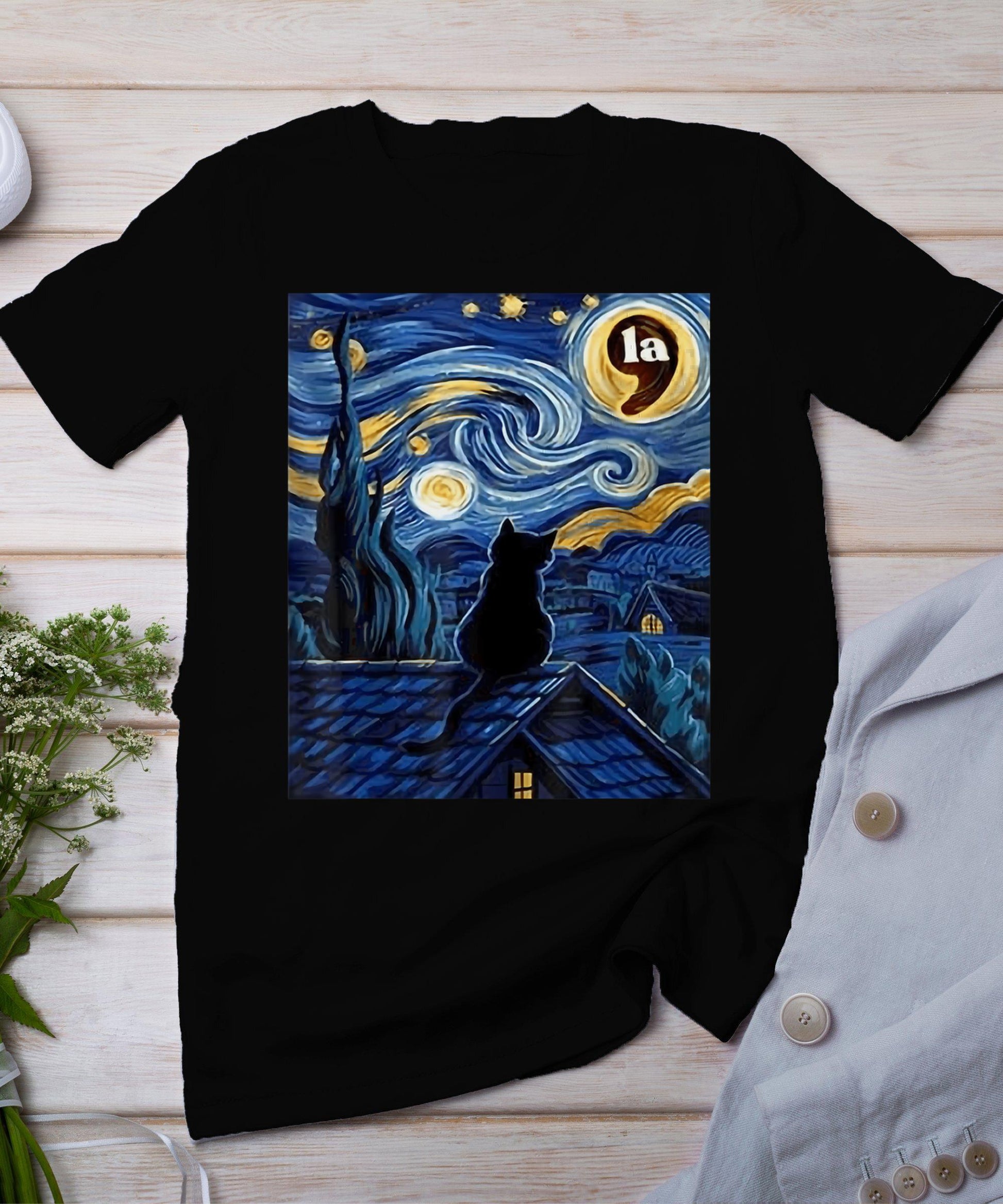 Halloween Starry Night Black Cat Comma La Kamala Harris T-Shirt