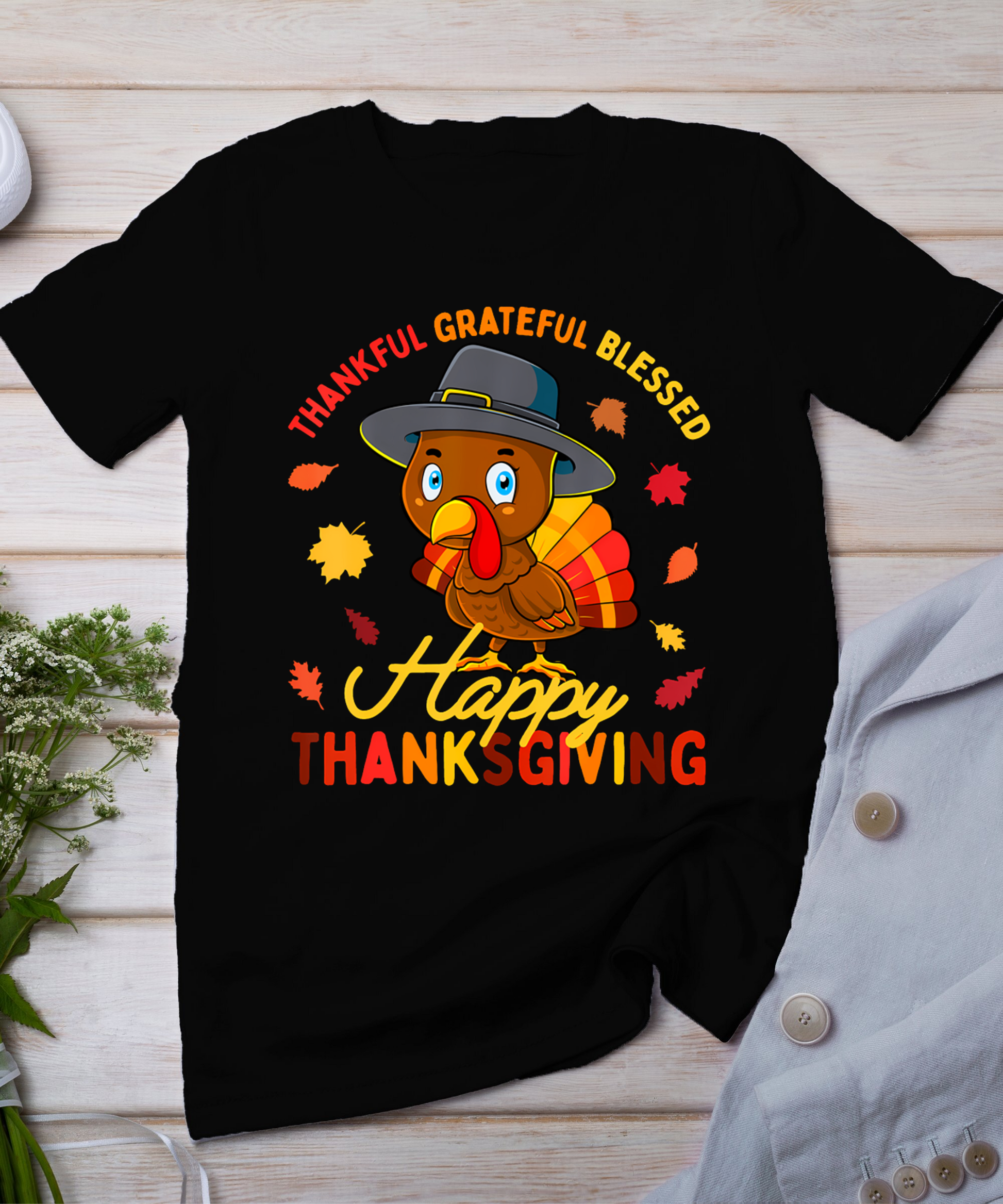 Thankful Grateful Blessed Thanksgiving Turkey Women Girls T-Shirt