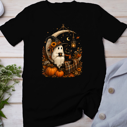 Vintage Halloween Ghost Holding Black Cat Groovy Floral T-Shirt