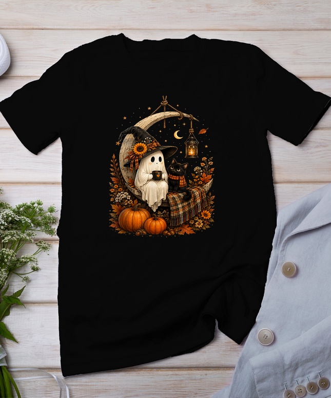 Vintage Halloween Ghost Holding Black Cat Groovy Floral T-Shirt