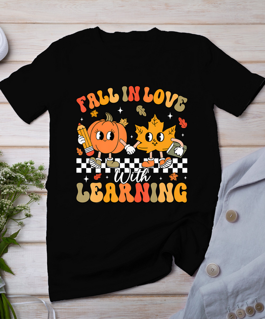 Retro Fall In Love With Learning Autumn Pumpkin Teacher T-Shirt