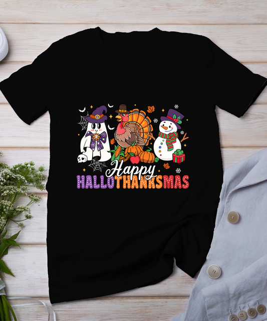 Halloween Thanksgiving Christmas Happy Hallothanksmas Kids T-Shirt