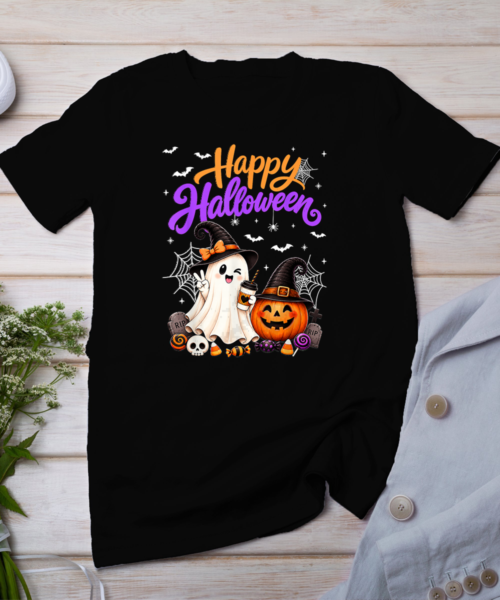 Happy Halloween Cute Ghost Pumpkin Spooky Men Women Kids T-Shirt