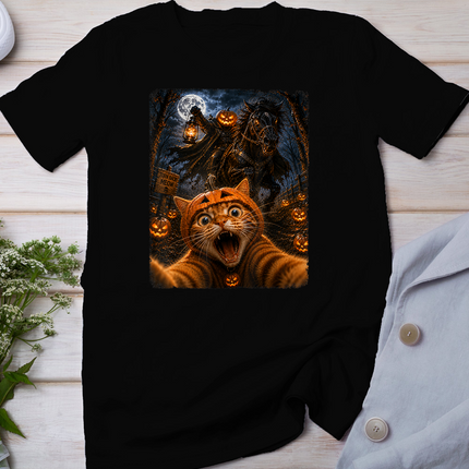 Funny Halloween Selfie Cat Horseman Pumpkins Moon Night T-Shirt