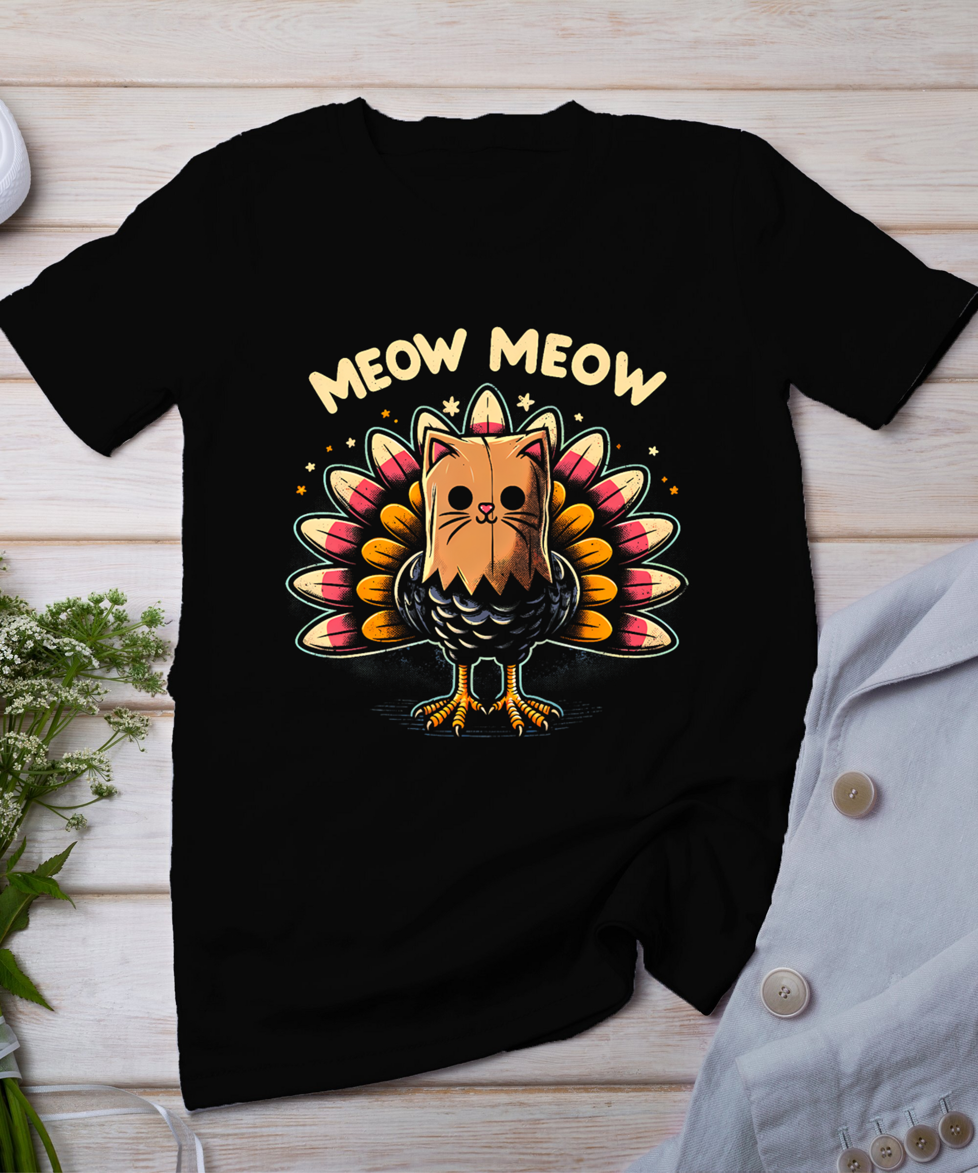 Funny Thanksgiving Shirt For Men Women Kids Meow Cat Turkey T-Shirt