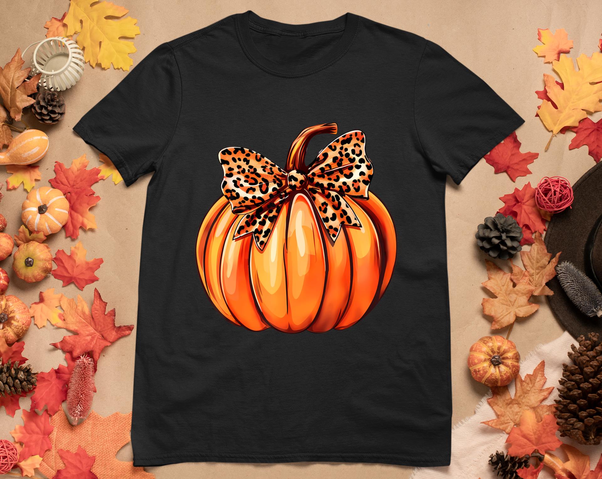 Coquette Bow Leopard Pumpkin Thanksgiving Rustic Fall Women T-Shirt