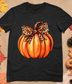 Coquette Bow Leopard Pumpkin Thanksgiving Rustic Fall Women T-Shirt