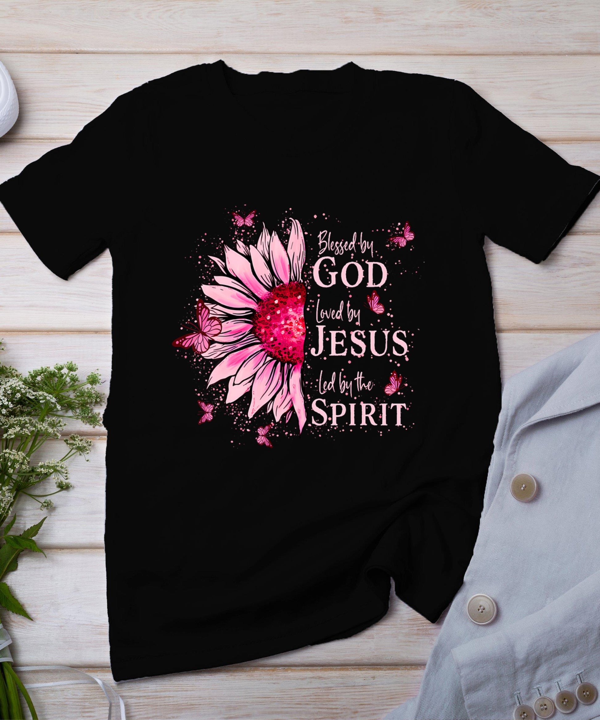 Blessed By God - Loved By Jesus Pink Sunflower T-Shirt