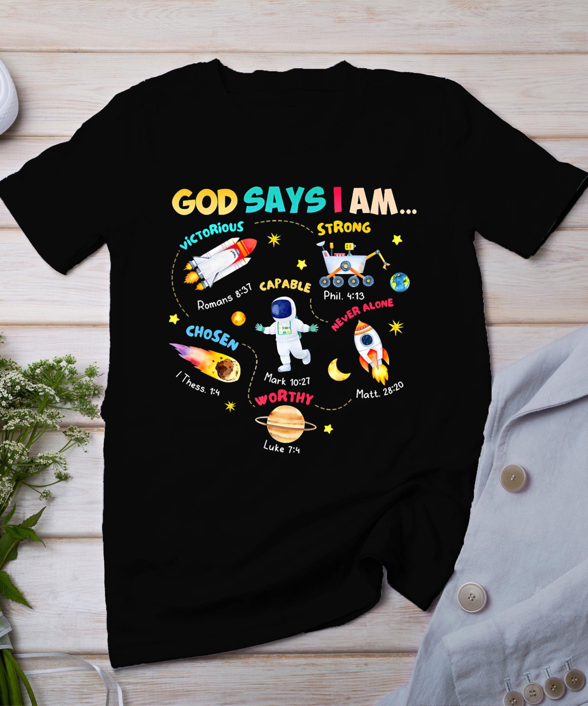 God Says I Am Outer Space Themed Bible Christian Kids Boys T-Shirt