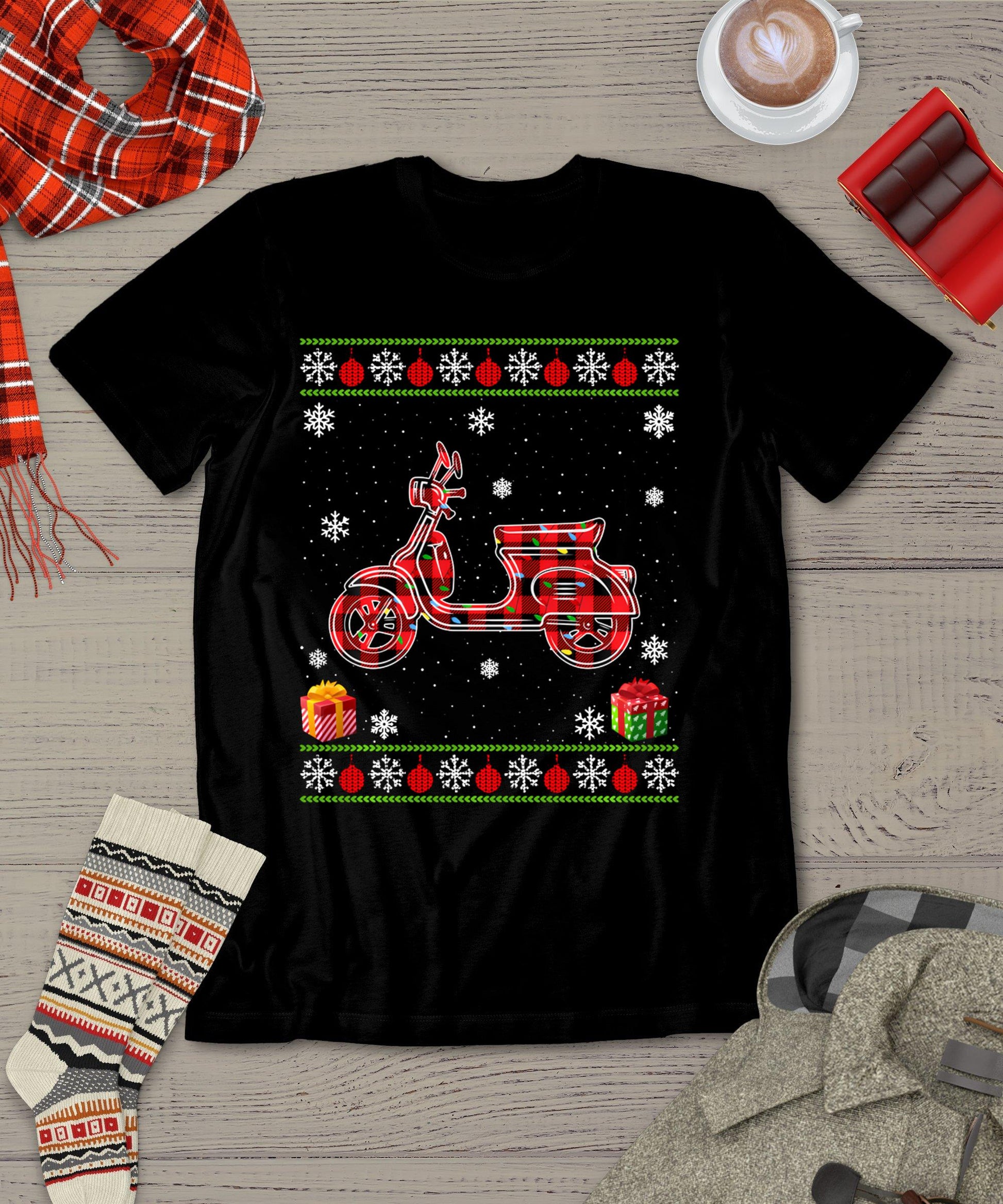 Scooters Red Plaid Xmas Lights Ugly Christmas T-Shirt