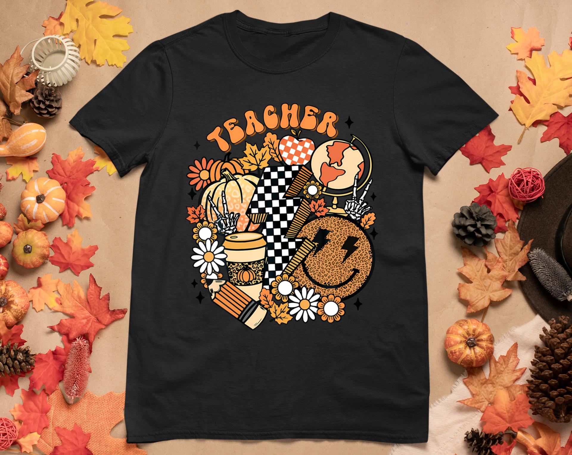 Fall Teacher Retro Teacher Life Autumn Thanksgiving Womens T-Shirt