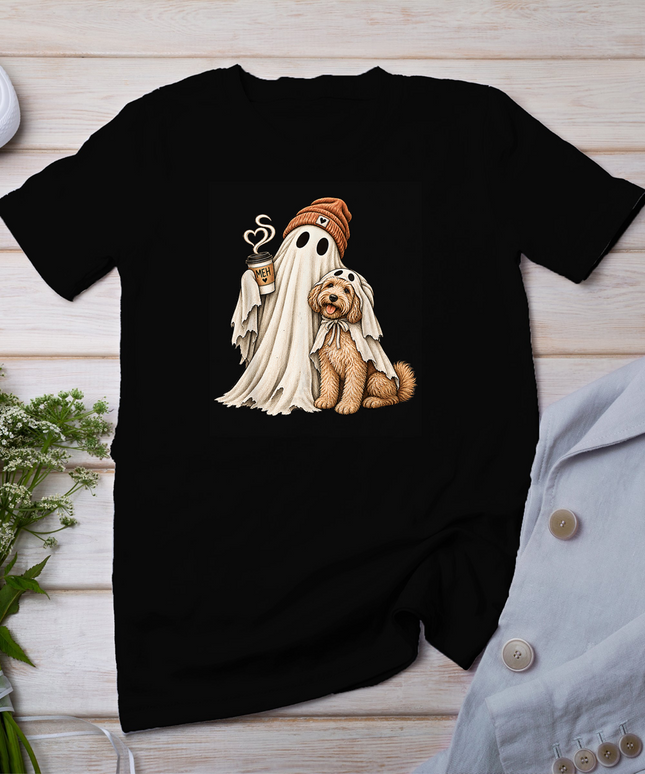 Ghost Coffee Lover Doodle Dog Halloween Costume Heart Steam T-Shirt