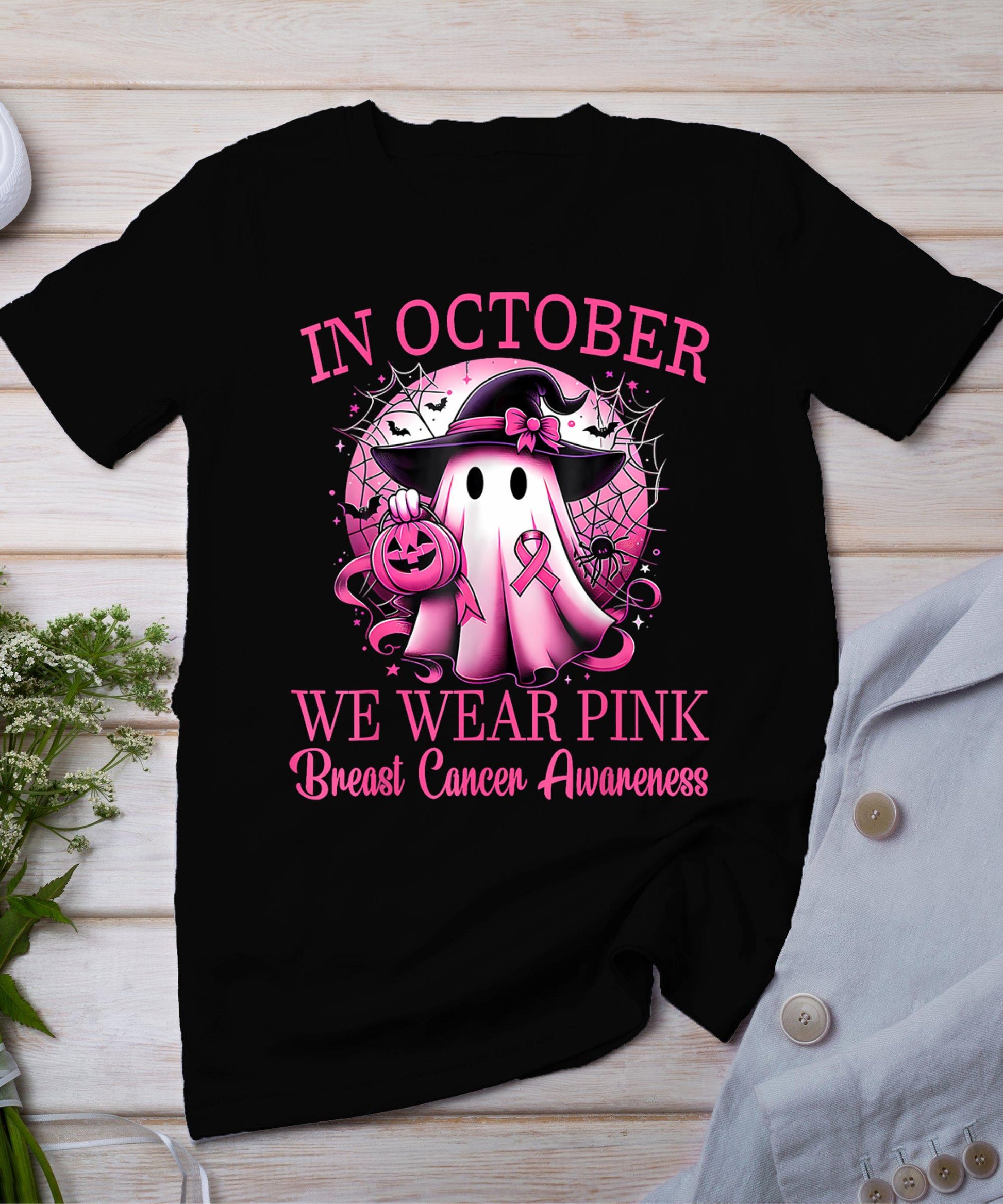 In October We Wear Pink Ghost Witch Breast Cancer Awareness T-Shirt