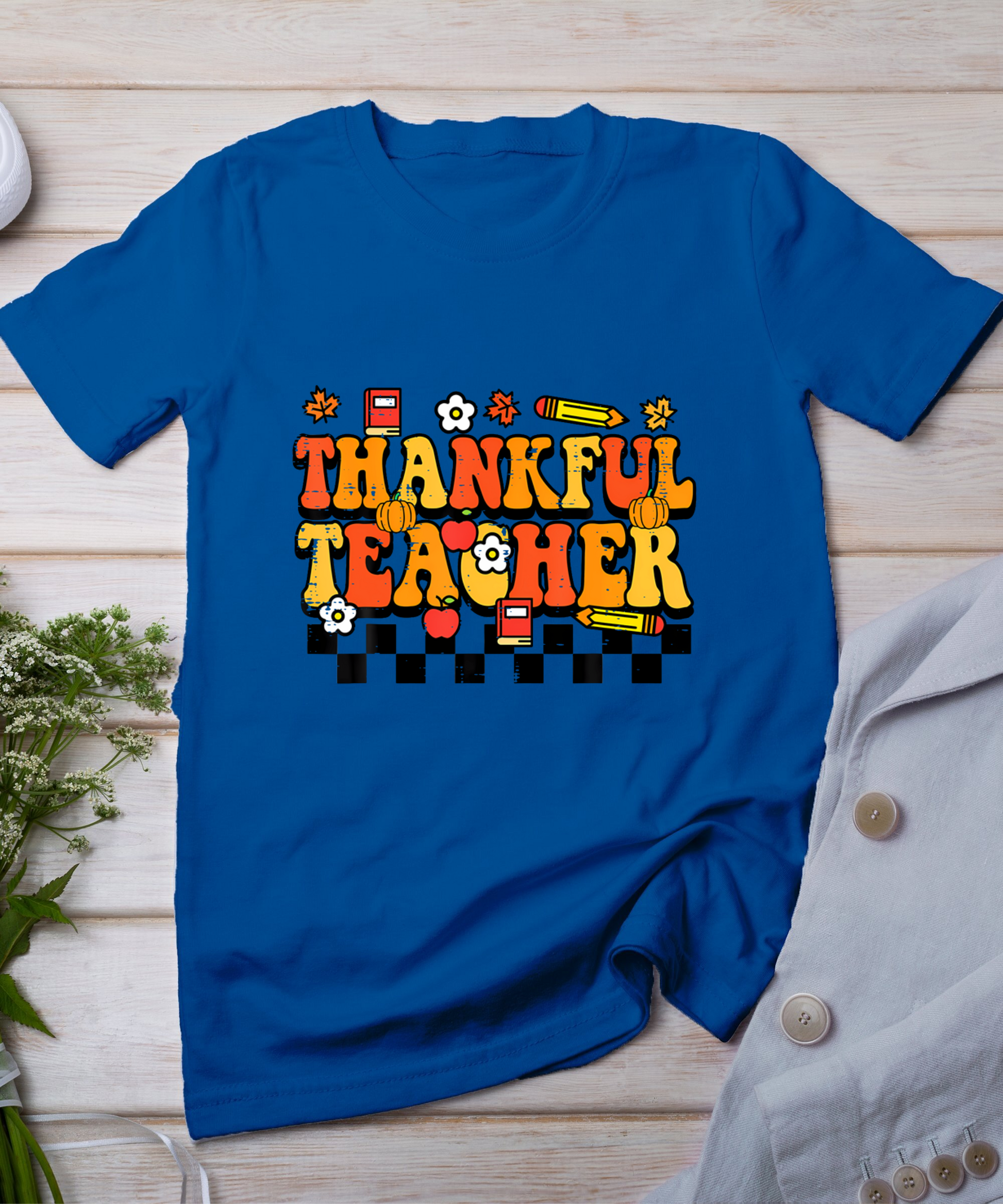 Thankful Teacher Retro Groovy Thanksgiving Fall Women Men T-Shirt