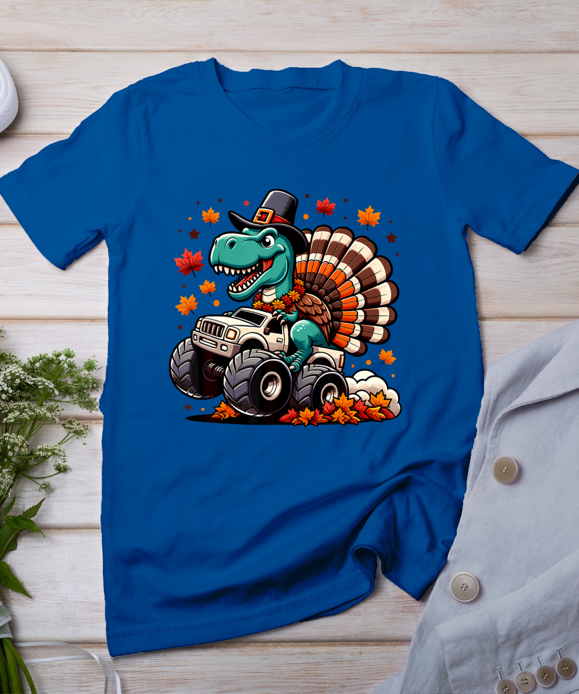 Thanksgiving Shirts Boys Kids Dinosaur T Rex Monster Truck T-Shirt