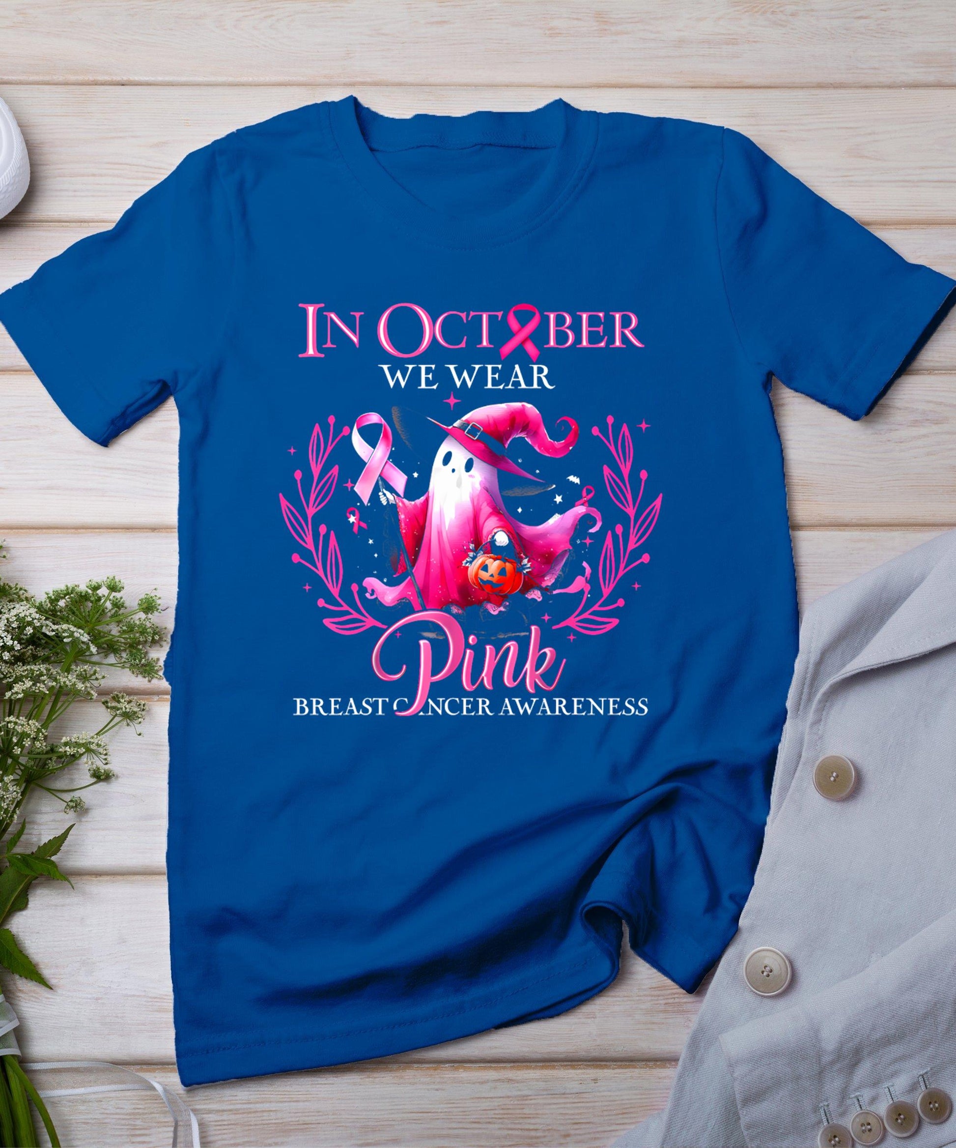 In October We Wear Pink Ghost Witch Breast Cancer Awareness T-Shirt