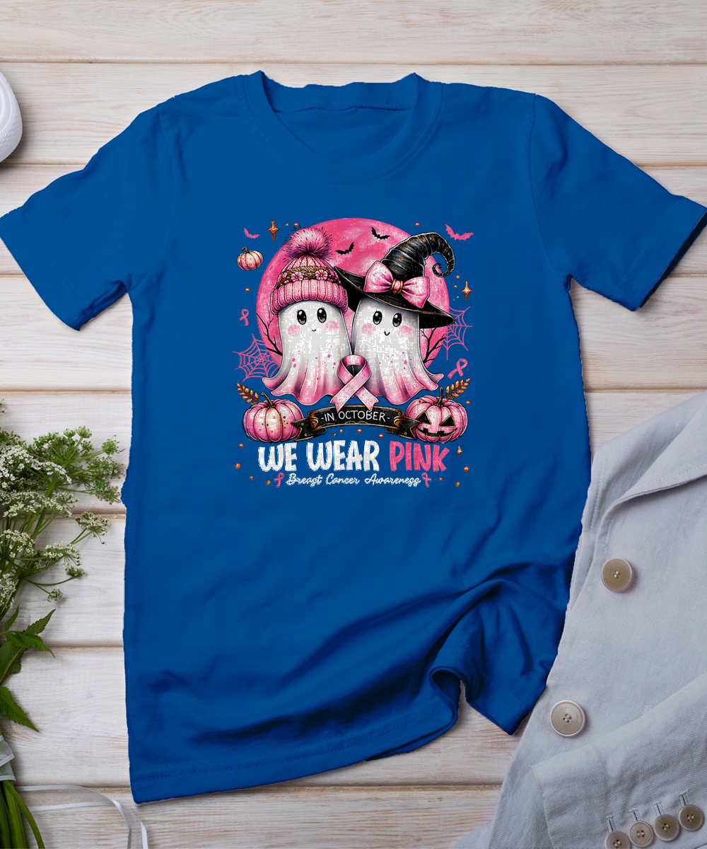 in October We Wear Pink Ghost Witch Breast Cancer Awareness T-Shirt