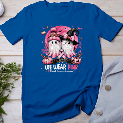 in October We Wear Pink Ghost Witch Breast Cancer Awareness T-Shirt