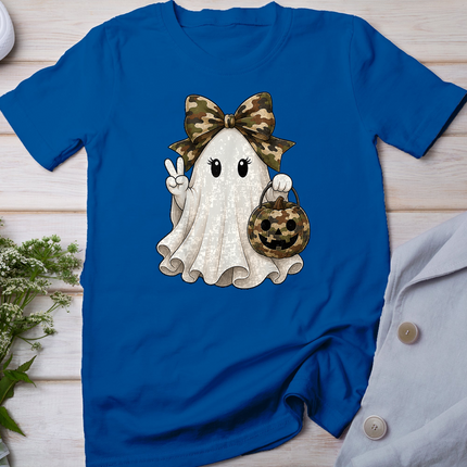 Cute Halloween Camo Bow Ghost Pumpkin Basket Women Girl Kid T-Shirt