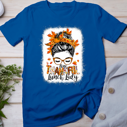 One Thankful Lunch Lady Messy Bun Thanksgiving Lunch Lady T-Shirt
