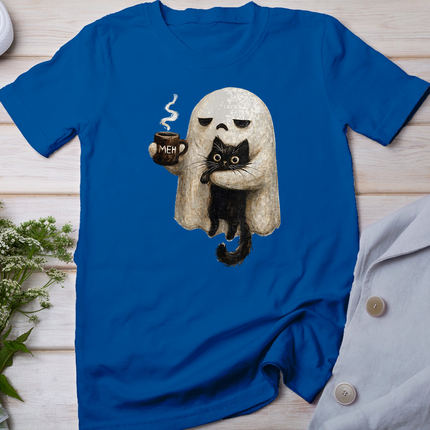 Retro Funny Boo JEE Ghost Holding Black Cat Cozy Hot Latte T-Shirt