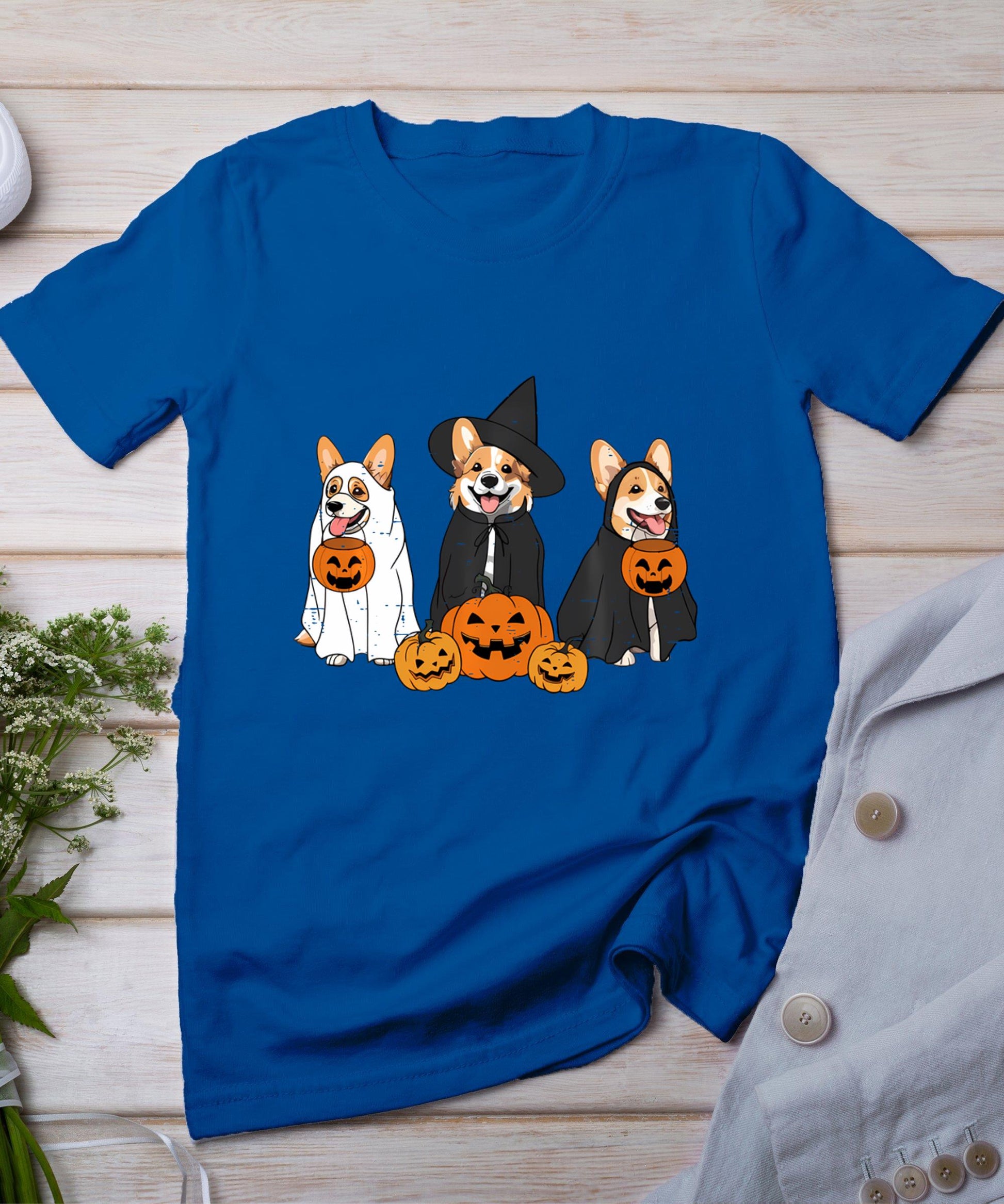 Retro Funny Ghost And Witch Corgi Dog Pumpkin Halloween Cute T-Shirt