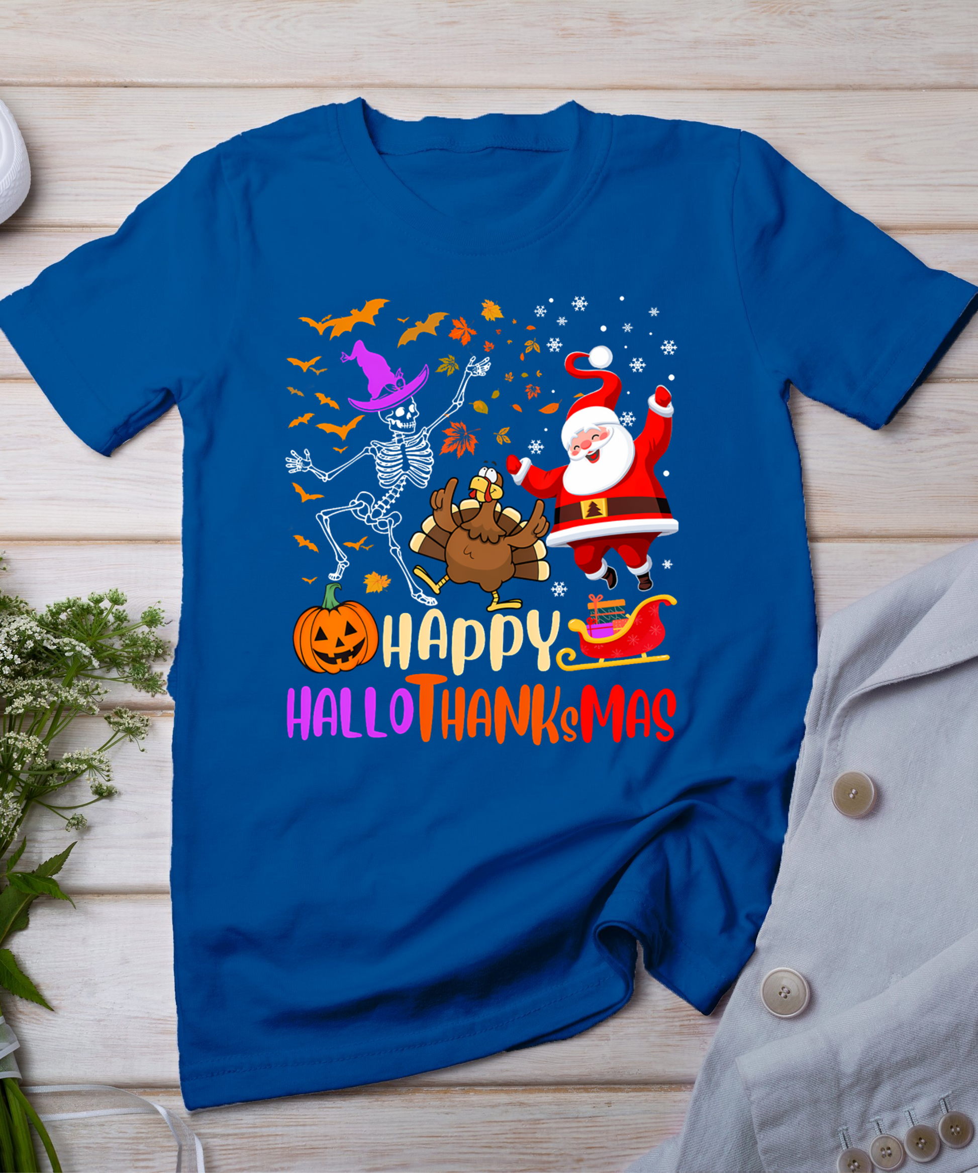 Happy Hallothanksmas Skeleton Pumpkin Turkey Santa Dancing T-Shirt