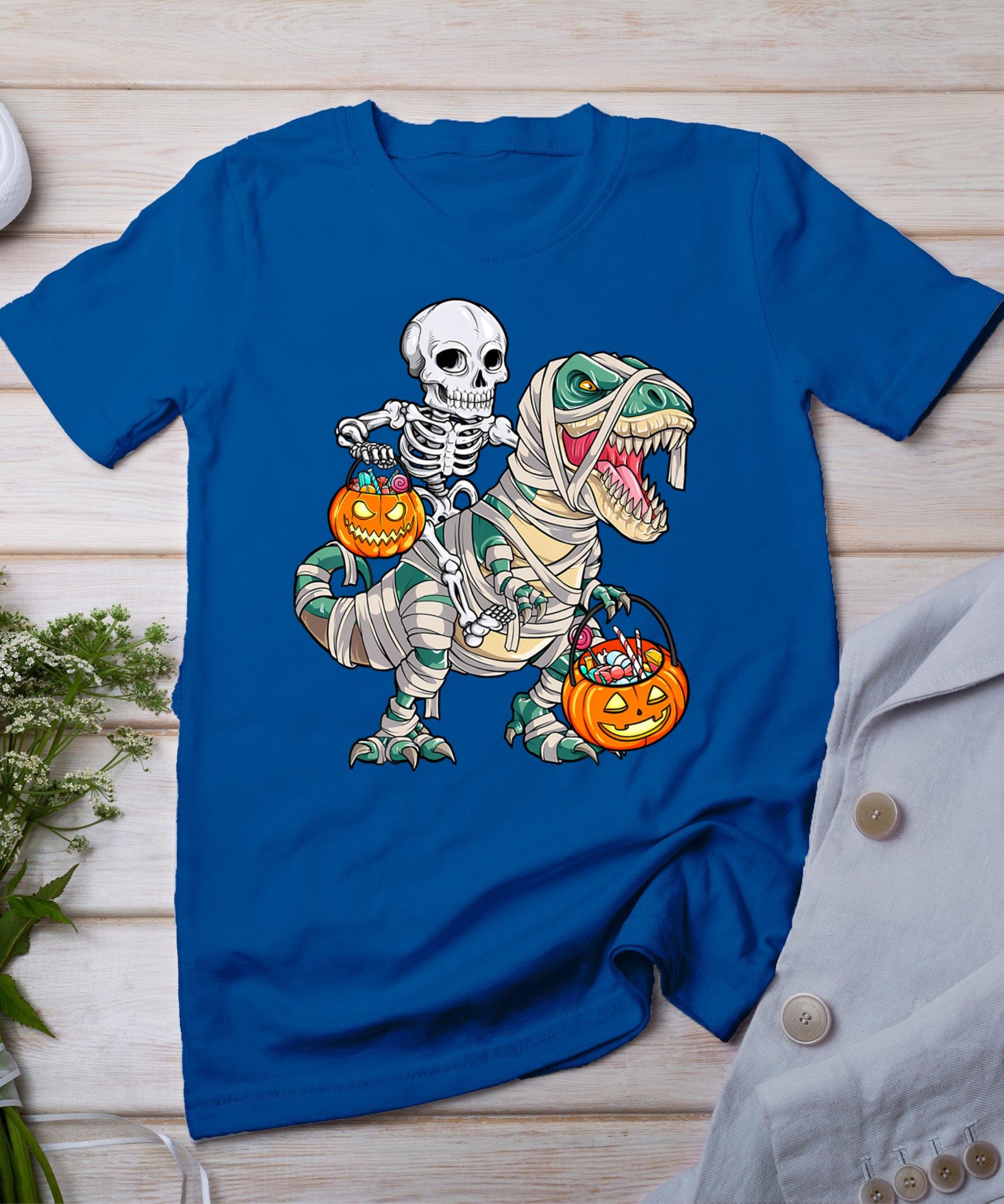 Skeleton Riding Mummy Dinosaur T Rex Halloween Funny Pumpkin T-Shirt