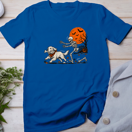Golden Retriever Dog Stealing Bone from Skeleton Halloween T-Shirt
