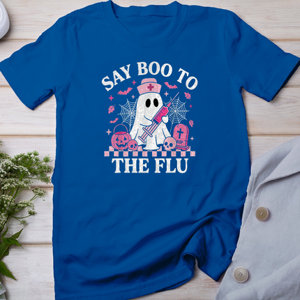 Say Boo to The Flu Funny Nurse Ghost Halloween Vaccine T-Shirt