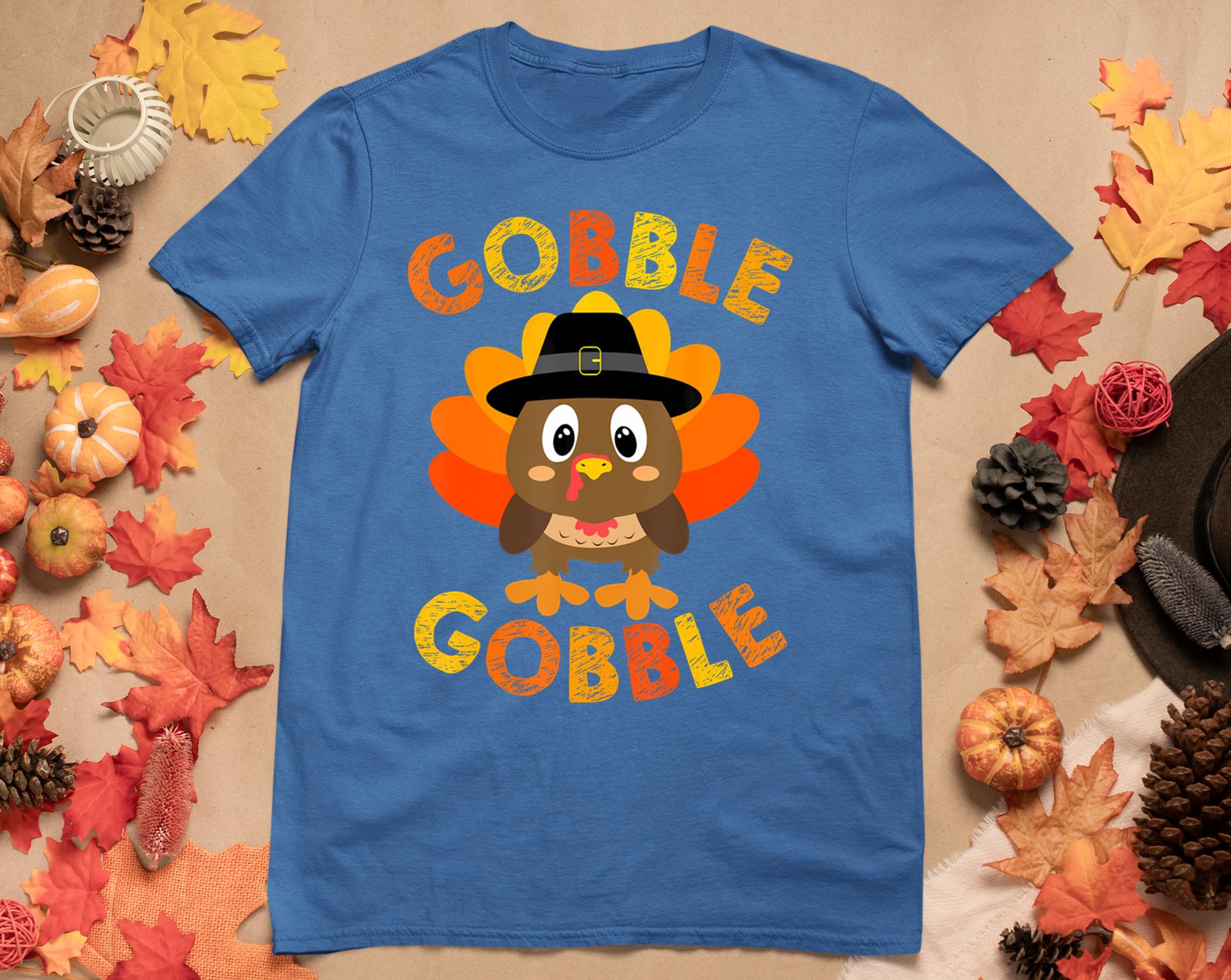 Cute Gobble Gobble Turkey Pilgrim Little Boys Thanksgiving T-Shirt