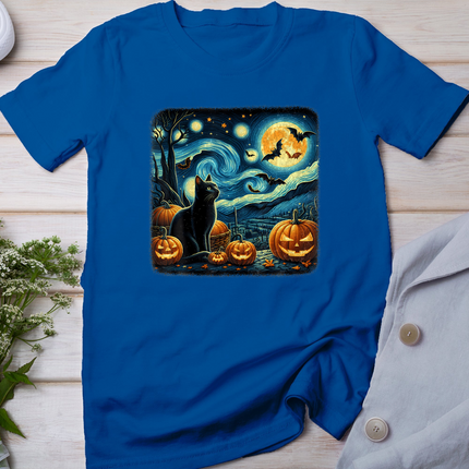 Van Gogh Starry Night Black Cat Halloween Pumpkin Cat Lover T-Shirt