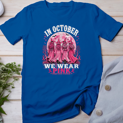 in October We Wear Pink Halloween Breast Cancer Awareness T-Shirt