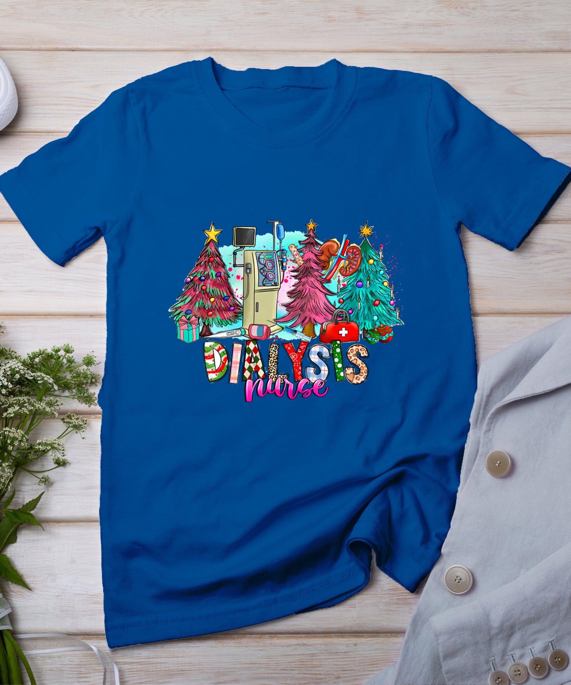 Dialysis Nurse Christmas Xmas Trees Lights Pajamas Pjs Women T-Shirt