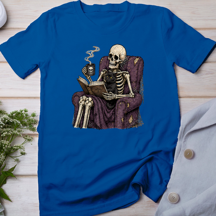Skeleton Reading with Black Cat Funny Halloween Gothic T-Shirt