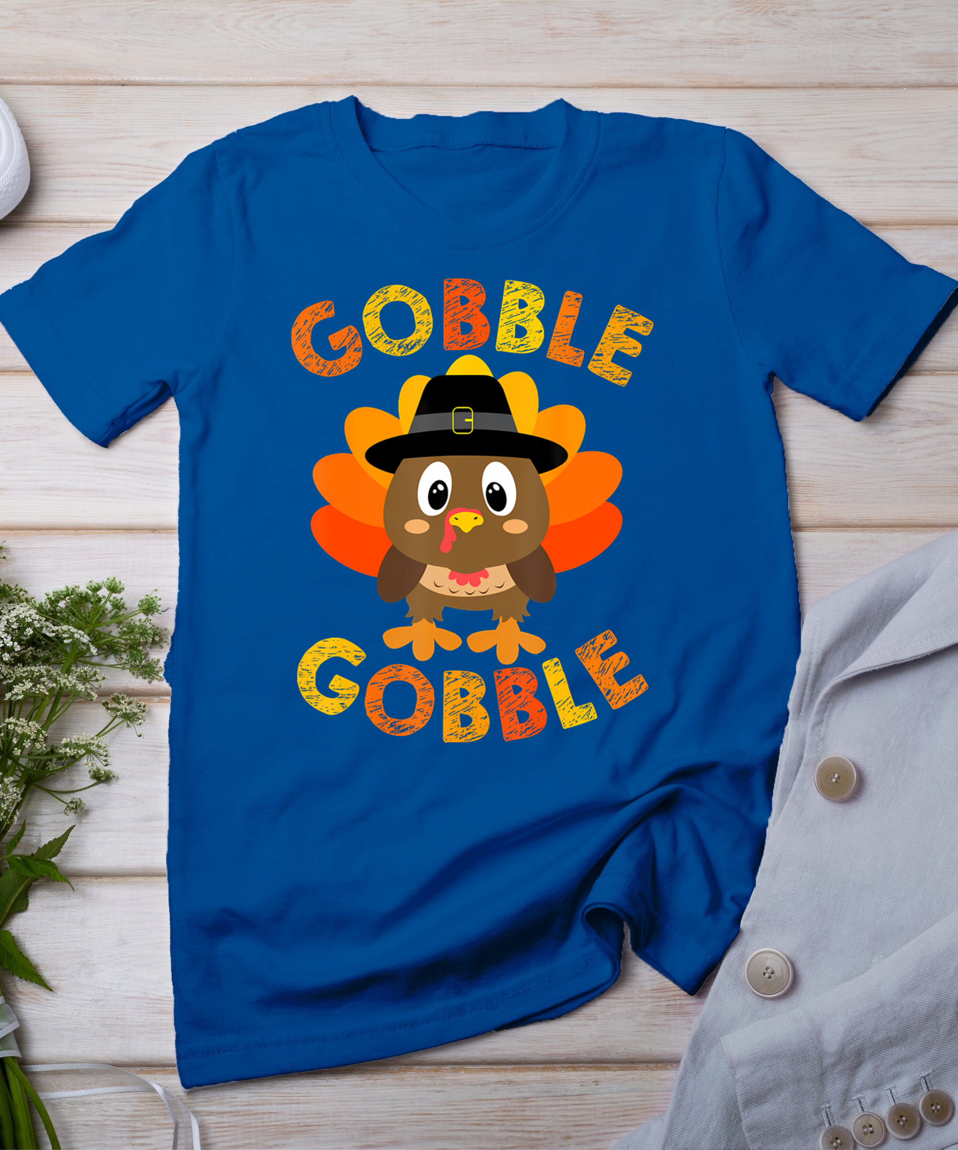 Cute Gobble Gobble Turkey Pilgrim Little Boys Thanksgiving T-Shirt