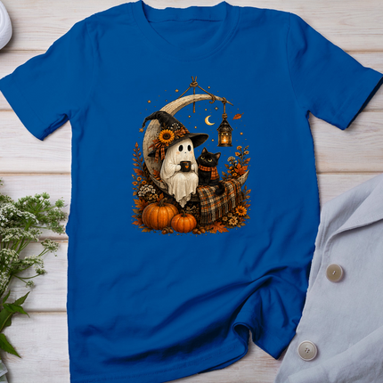 Vintage Halloween Ghost Holding Black Cat Groovy Floral T-Shirt