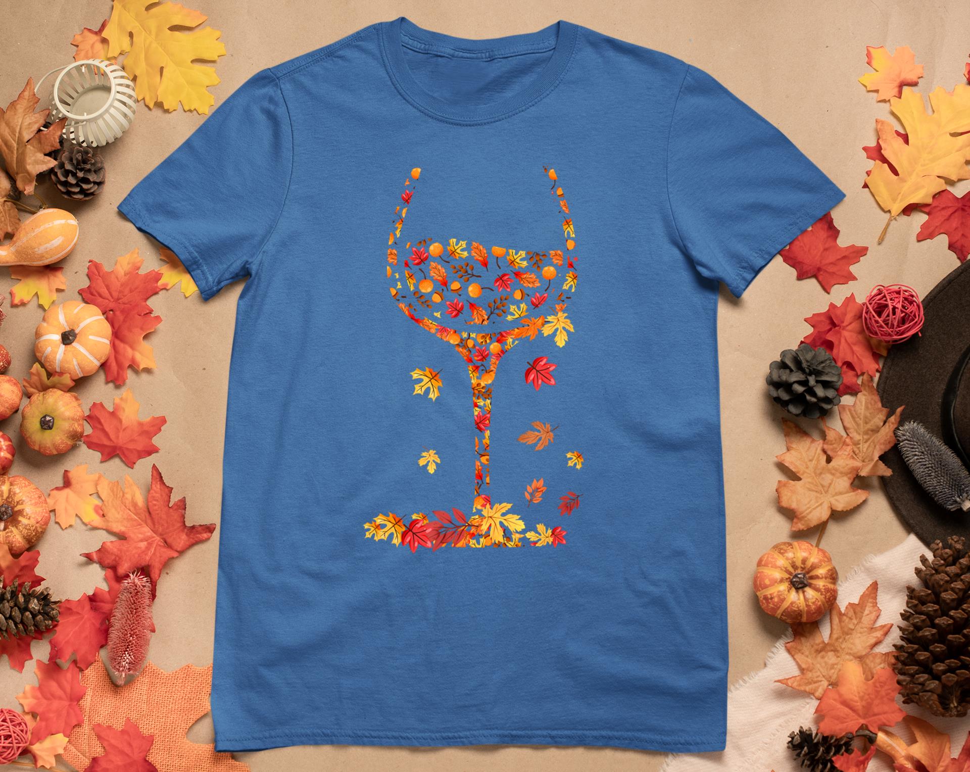 Glass Of Wine Maple Leaf Autumn Fall Funny Drink Wine Lovers T-Shirt